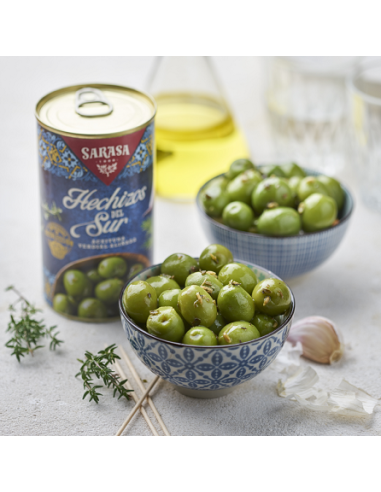 Gewürzte grüne Oliven Los Hechizos del Sur Sarasa 150 gr.