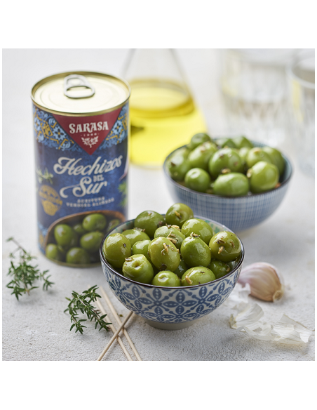 Aceitunas verdes partidas aliñadas Los Hechizos del Sur Sarasa 150 gr.