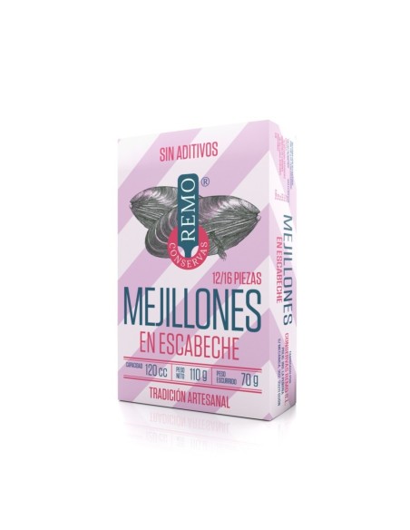 Mejillones en escabeche Remo 12/16 piezas 110 gr.