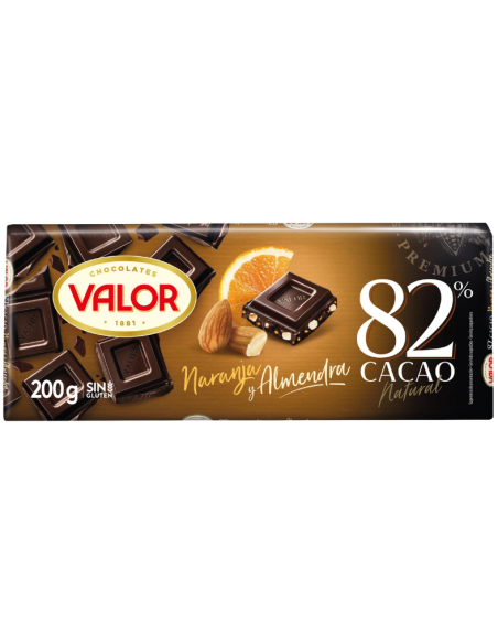 Chocolate 82% negro con naranja y almendras Valor 200 gr.